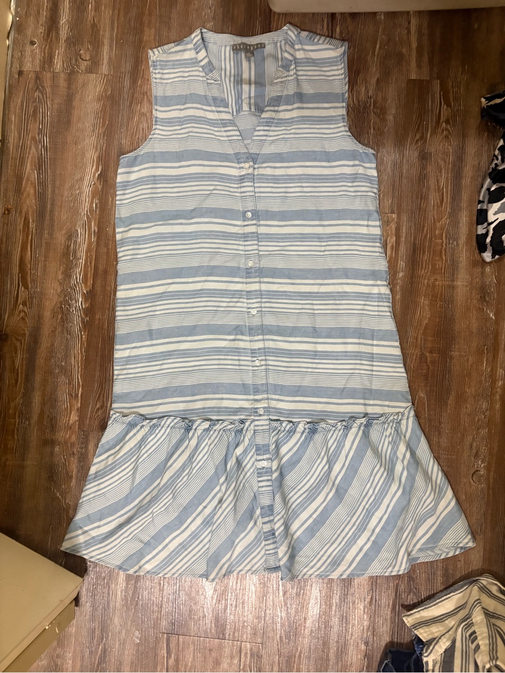 Sharagano Blue and White Striped Sleeveless Drop-Waist Dress